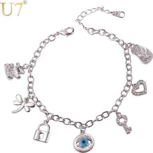 U7 Charm Bracelet With Cute Bear Heart Key Eye New Trendy Gold/Silver Color Rhinestone Bracelets For Women H391