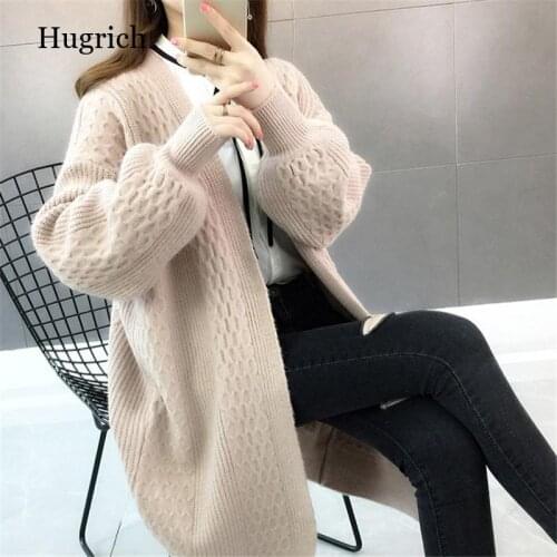 2021 Women Long Sweater and Cardigans Lantern Sleeve Loose Knitte Coat Open Stitch Winter Cashmere Cardigans Female Coat