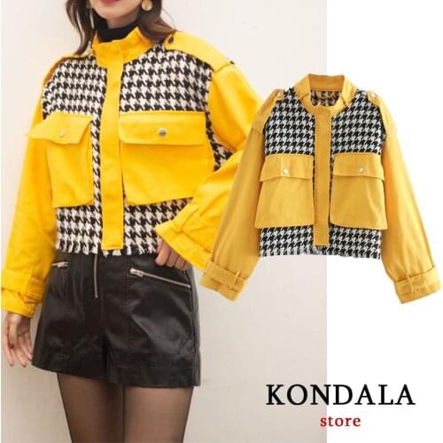KONDALA Za 2021 Chic Yellow Plaid Oversized Casual Women Jackets Long Sleeve Pockets Coats Female Streetwear Mujer Outwears