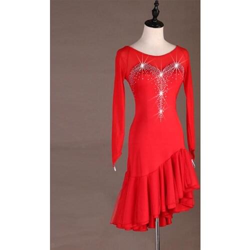 Custom Women Long Sleeve Cha Cha Rhinestone Latin Dance Dress For Salsa Samba Rumba Professional Dancewear Competition Dresses