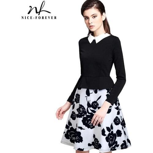 Nice-forever Retro Black and White Floral Turn-down Collar Dresses Casual A-Line Women Flared Dress BTYA027