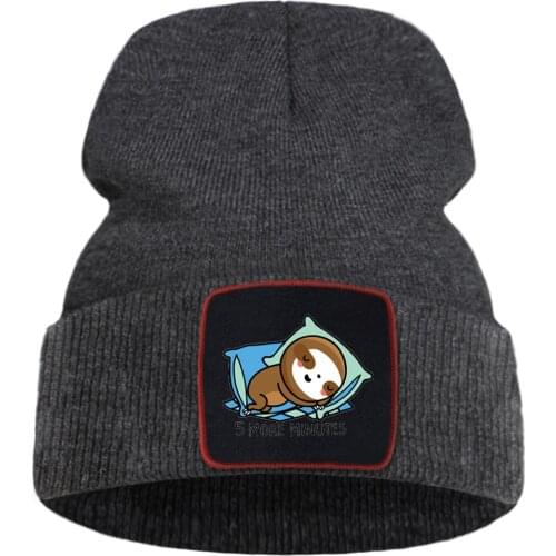 5 More Minutes Sleep Sloth Printed Winter Cap Street Fashion Warm Beanie Caps Simple Casual Unisex Caps Quality Comfort Hat