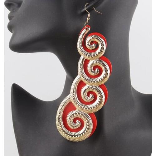 Free Shipping!2021 4.9 inch Oversize Gold Metal Spiral Wooden Earrings can mixed colors