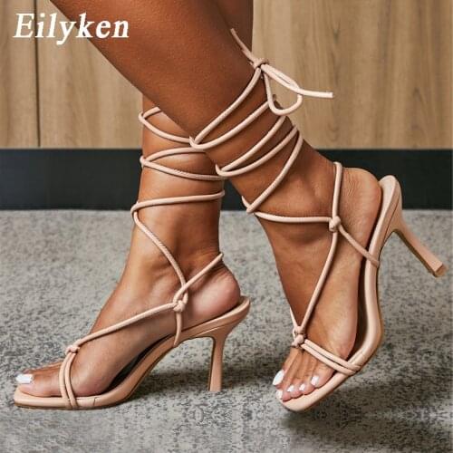 Eilyken Fashion Design Square head Woman Sandals Sexy Shoes Ladies Ankle Lace-Up High heel sandalias Plus Size 35-42