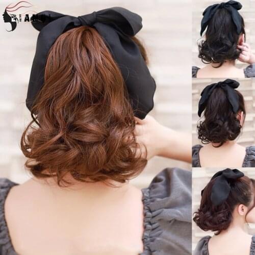 DIANQI Synthetic a whole black bow with short wavy ponytail clip ponytail extensions for female wigs