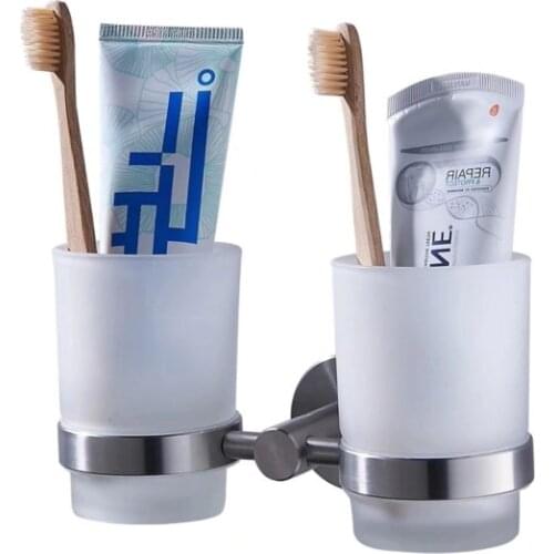Double Tumbler Toothbrush Cup Wall Mounted Holder Storage Rack Glass Tooth Cup Stainless Steel Bracket Hardware Bathroom Set