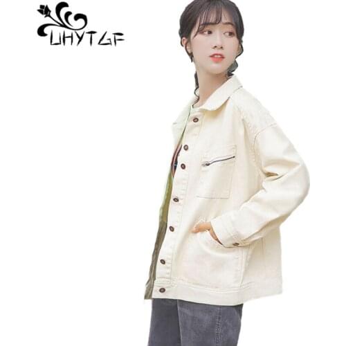 UHYTGF Student Spring Autumn Denim Jacket Women Single-Breasted Casual Female Jeans Coat Cute Girl Loose Plus Size Outerwear1985