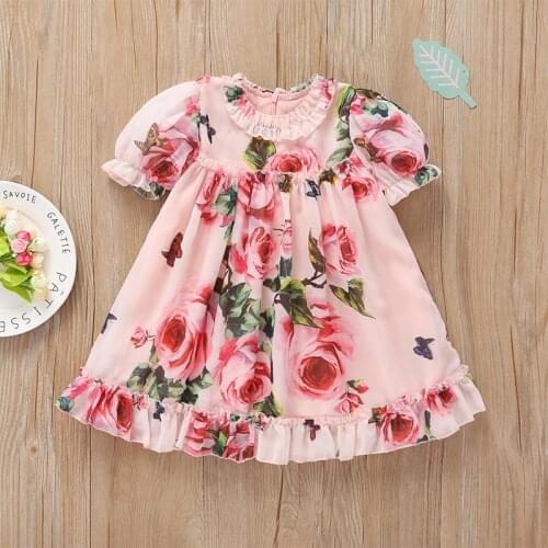 Newborn Cute Baby Girl Princess Toddler A -Line Pleated Dress Flower Floral Chiffon Lace Party Puff Sleeve Summer Clothing