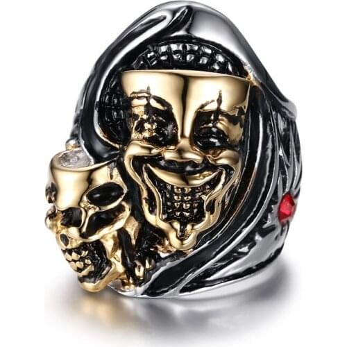 Only size 9 Punk Rock Large Double Skulls Men Ring Stainless Steel Red Stone Gothic Men Nightclub Ring Male Jewelry R591G