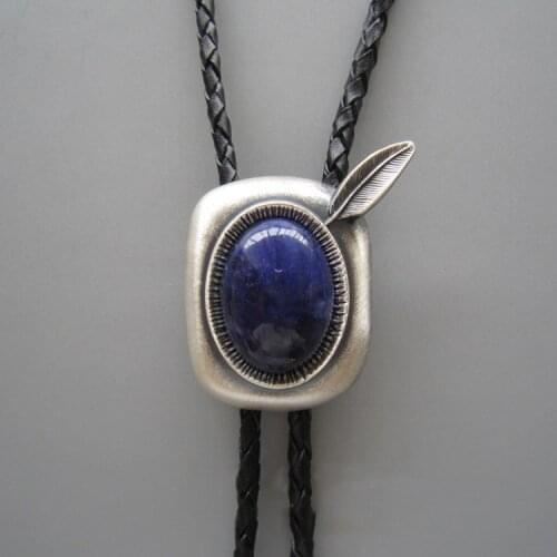 Silver Plated Blue Stone Mens BOLO Tie Wedding Necklace Genuine Leather Rope Vintage Western Cowboy