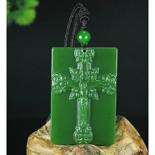 Natural Green Hetian Stone Cross Carved Jade Pendant Necklace Chinese Jadeite Jewelry Charm Jesus Amulet Gifts for Women Men