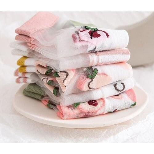 Womens Ultra-thin Transparent Glass Silk Breathable Socks Summer New Embroidery Fruit Pattern Socks Sweet and Cute Short Socks