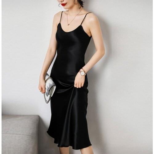 2021 Fashion Woman Dress Satin Sleeveless Spaghetti Strap Straight Solid Shiny Sundress Sexy Imitation Silk Dress Lady Vestidos
