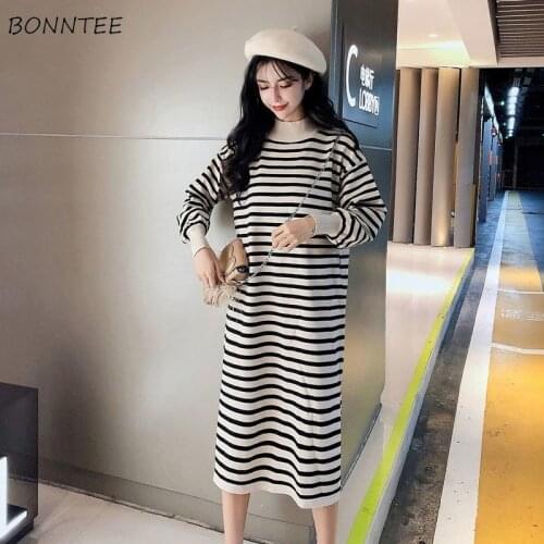 Dress Women Soft Autumn New Basic Long Sleeve Fashion Ulzzang Striped Daily Ladies Dresses Side-slit Chic Vintage Womens Vestido