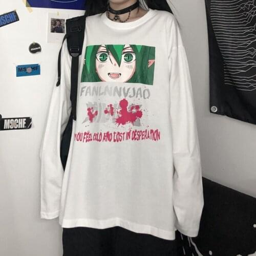 Popular Cotton Cartoon Letter Anime Pattern Print Tshirt Cute Girl Japan Style Round Neck Top Long Sleeves Cool Hot Streetwear