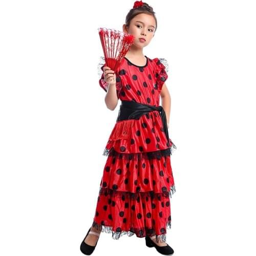 Dance Dresses Dot Printing Spain Flamenco Dance Costumes for Girls Traditional Lace Sleeve Long Dresses Stage Performance Dress