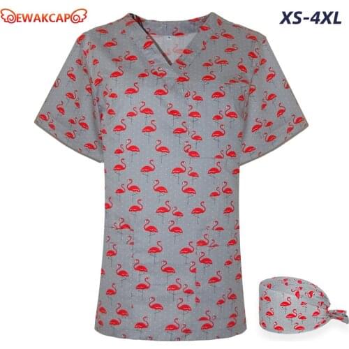 Unisex scrub tops for nurse V-neck short sleeves blouse cotton bird printed dental clinic hospital uniform scrub top