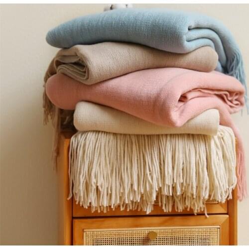 Knitted Nordic Tasseled Solid Grey Pink Summer Blanket Fringed Sofa Throw Soft Bed Cover Crochet Bed Runner Summer Adult Blanket