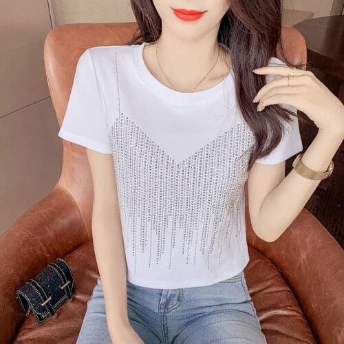 Womens Tops Diamond T-shirt Short Sleeve Ladies Tops Summer 2021 Casual Fake Two Tops Woman Tshirts Blusas