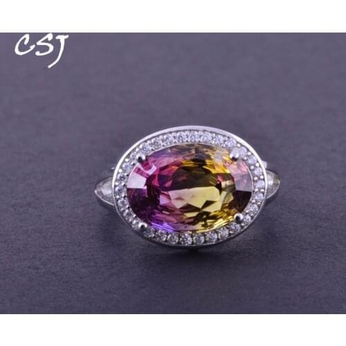 CSJ Elegant Ametrine Rings Sterling 925 Silver Natural Gemstone Bird Nest Cut Women Lady Wedding Engagment Party Gift Box