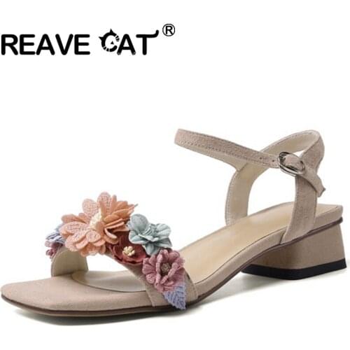 REAVE CAT 2021 Fashion Sandals Kid Suede Open Toe Flower Buckle Strap 3cm Slingbacks Square Heel US11 Blue Apricot Black A4306
