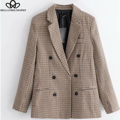 Bella philosophy women vintage plaid long sleeve jacket double breasted blazer office lady outerwear 2019 autumn new tops