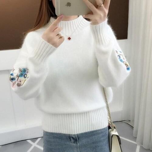 Women Half Turtleneck Embroidered Sweater Female Loose Knitted Pullover Autumn Winter Ladies Casual Jumper pull