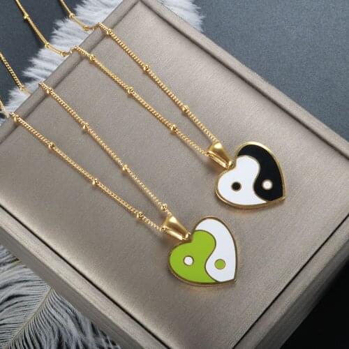 ZMFashion Women Necklace Love Heart Shape Epoxy Powder Yin Yang Colorful Enamel Pendant Titanium Steel Men Necklace Jewelry Gift