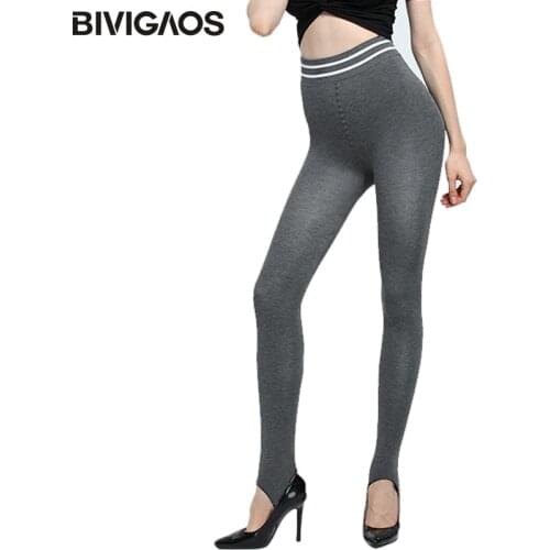 BIVIGAOS Autumn Winter Ladies Push Up Leggings Elastic Striped Waist Velvet Thick Casual Workout Leggings Foot Pants For Women