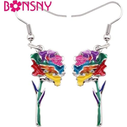 Bonsny Enamel Alloy Floral Rose Earrings Dangle Drop Big Long Fashion Flower Jewelry For Girls Women Ladies Unique Accessories