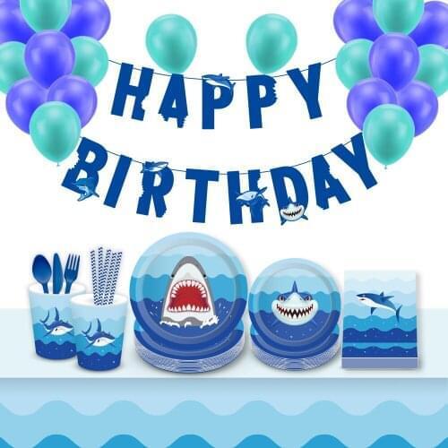 Baby Cartoon Blue Sea Shark Theme Disposable Tableware Sets for Kids Happy Birthday Party Decorations Wedding Party Supplies