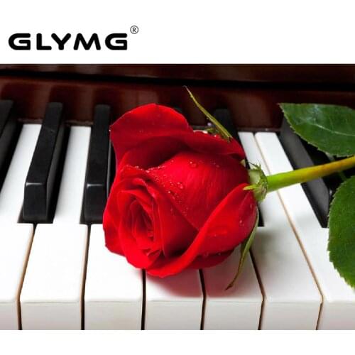 GLymg Needlework Piano Flower Diamond Painting Decor Drill Diy Mosaic Diamond Embroidery Set Full Square Drill Romantic Red Rose