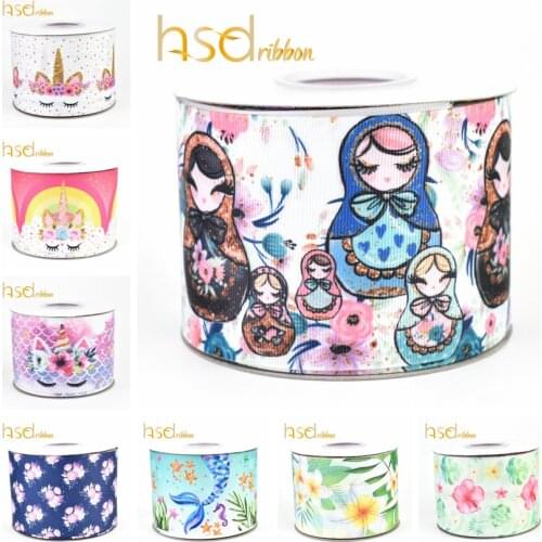 HSDRibbon 16MM 22MM 38MM 75MM all size heat transfer printed unicorn flower doll pattern on Grosgrain Ribbon