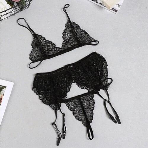 3Pcs Erotic Underwear Set European And American Fashion Ladies' Sexy Bra Lingerie Lace Perspective Three-point Temptation Suit