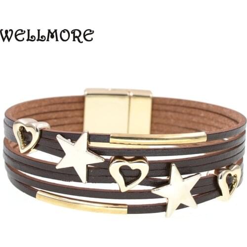 WELLMORE leather bracelets for women metal heart/stars Bracelets & Bangles charm Bracelet Female Jewelry