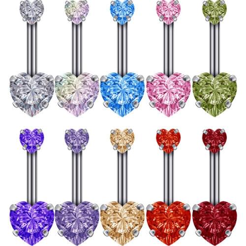 Colorful Double Heart Zircon Belly Button Rings For Women Classic Navel Rings Stainless Steel Bar Fashion Body Piercing Jewelry
