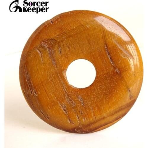 45mm Women & Men Gift Natural Stone Tigers Eye Round Donut Pendant Beads Necklace For Jewelry Making With Clip Bail JS769