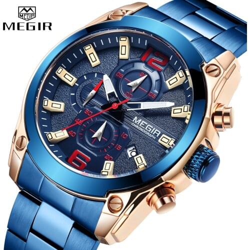 MEGIR New Mens Watches Luxury Famous Top Brand Stainless Steel Chronograph Waterproof Quartz Sport Men Watch Relogio Masculino