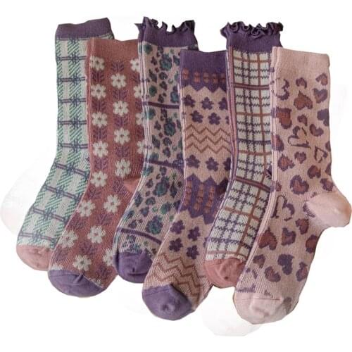 6Pair Cotton Ruffle Socks Flowers Printing Socks Women Long Winter Socks Set Cute Streetwear Fashion New Warm Chaussettes Femmes