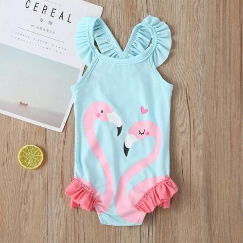 2020 New Summer Girl One-Piece Swimsuit Cartoon Flamingo Kids Swimwear for Girls Toddler Beachwear Backless Baby Bath Tub Set