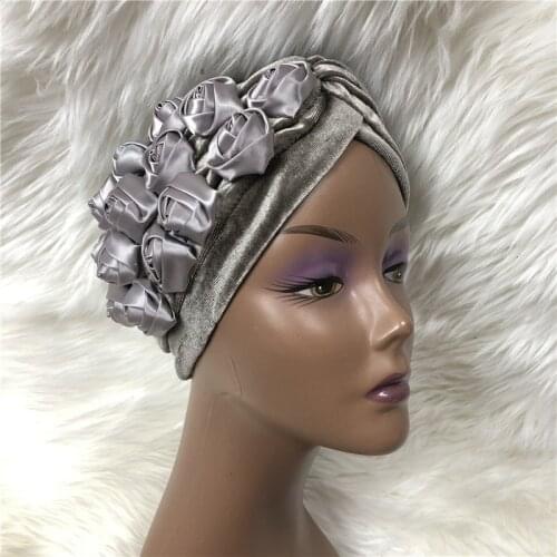 2021 NEW women Headtie Gele Turban Cap With Flower African Women Head-Wrap Cap Velvet Quality Turban Cap Female Head Wraps