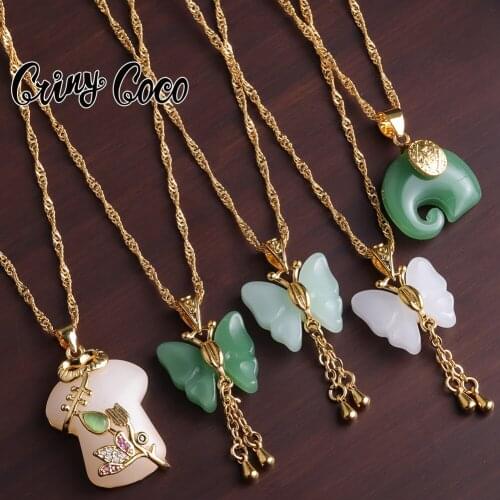 Cring Coco Butterfly Necklaces for Women Green White Stone Resin Charms Cheongsam Pendants Jewelry Elephant Birthday Accessories