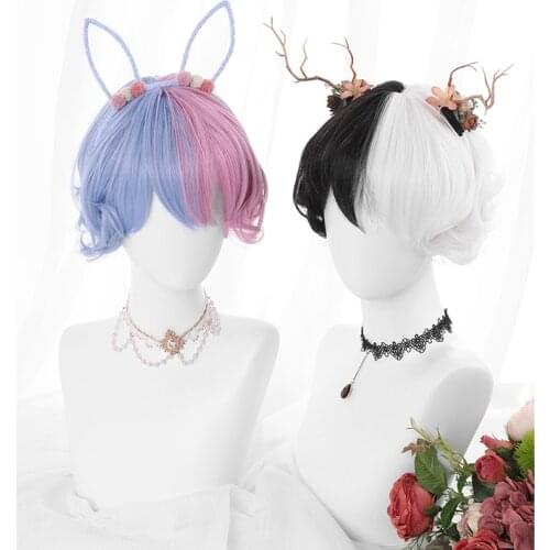 Mixed Colors Kawaii Lolita Wig Harajuku Prince Black White Blue Pink Short Curly Hair Chic Girls Bestie Cosplay Daily Wear