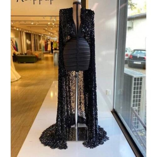 Sheath Prom Dresses Chic Cape Illusion vestido de fiesta Party Dress Sexy Sequin Tassel Formal Evening Gowns Black