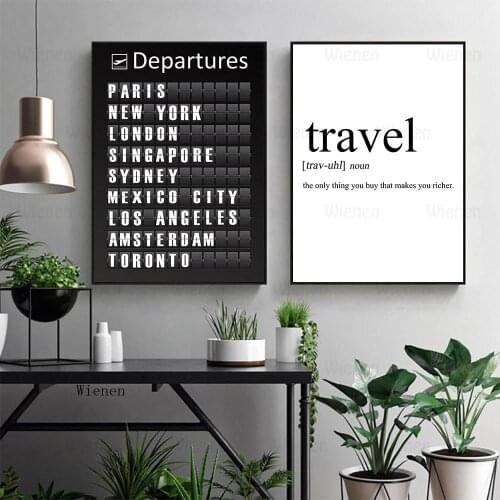 Travel Departures Nordic Poster Custom Travel City Quotes Wall Art Canvas Painting Black and White Picture for Living Room Decor