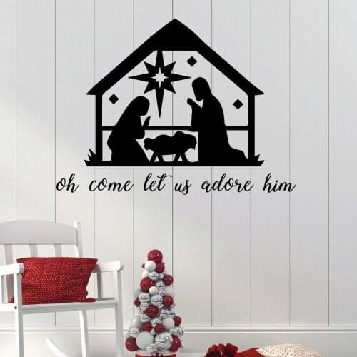 Nativity Christmas Decoration Wall Stickers Oh Come Let Us Adore Him Holiday Vinyl Wall Decal for Living Room Home Decor D770
