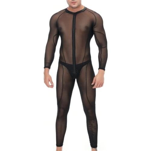 Mens Undershirts Sexy Underwear Mesh See Through Jumpsuits One-piece Bodysuit Nightclub Stage Dancewear Rompers Gay Leotard