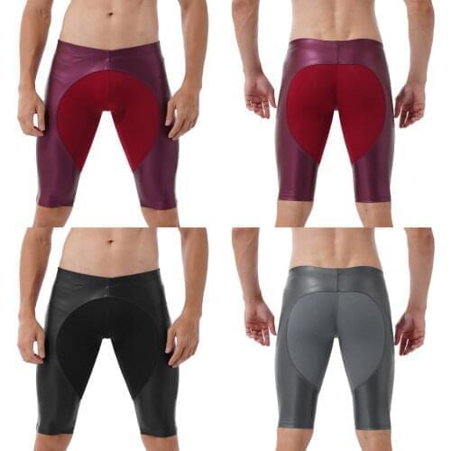 Faux Leather Sport Athletic Shorts Men Fashion Patchwork Skinny Surfing Swimming Trunks Exercise Workout Fitness Short Pants New