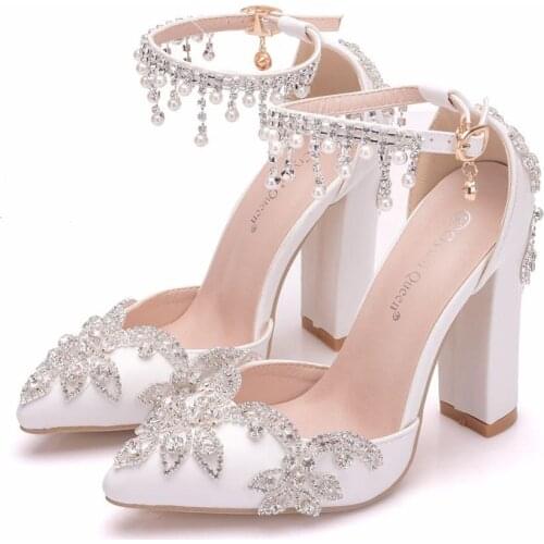 Wedding Shoes Bride Heels Crystal Pumps Christmas Day Evening Party Luxury Square Heel Sandals Woman Shoes