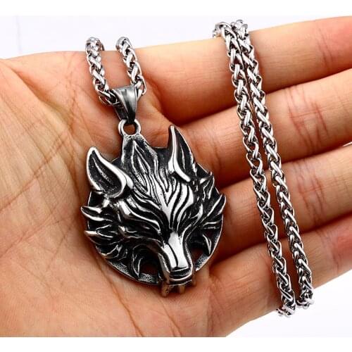 Vintage Viking Wolf Head Pendant Necklace Mens Chain Nordic Stainless Steel Biker Wolf Head Necklace Jewelry Goth Accessories